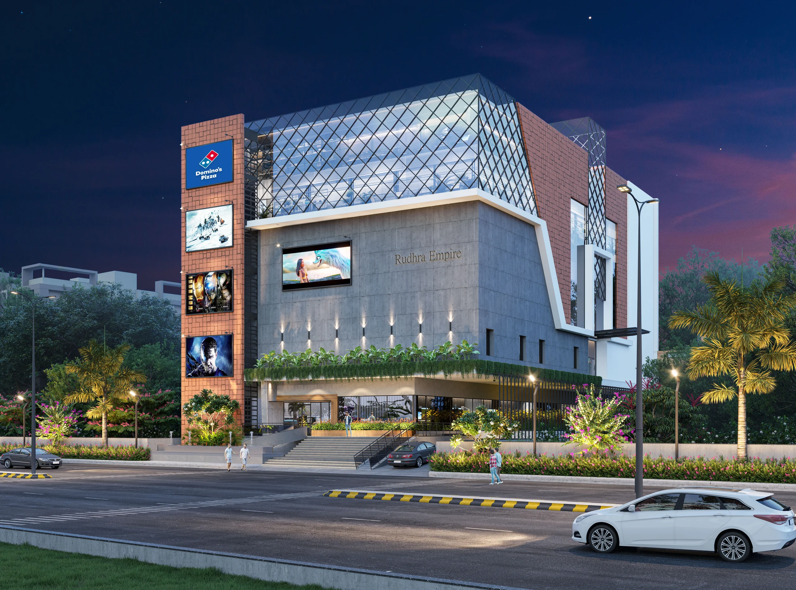 Night exterior of Rudhra Empire commercial complex
